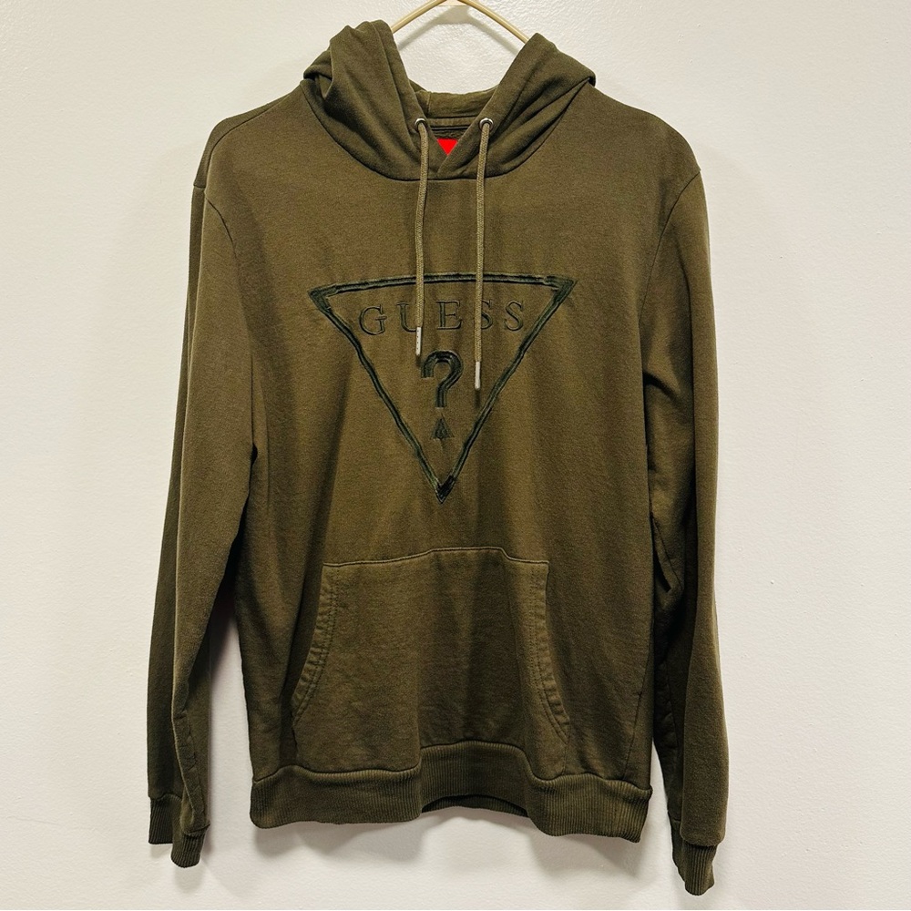 GUESS Olive Green Pullover Hoodie with Embroidered Triangle Logo